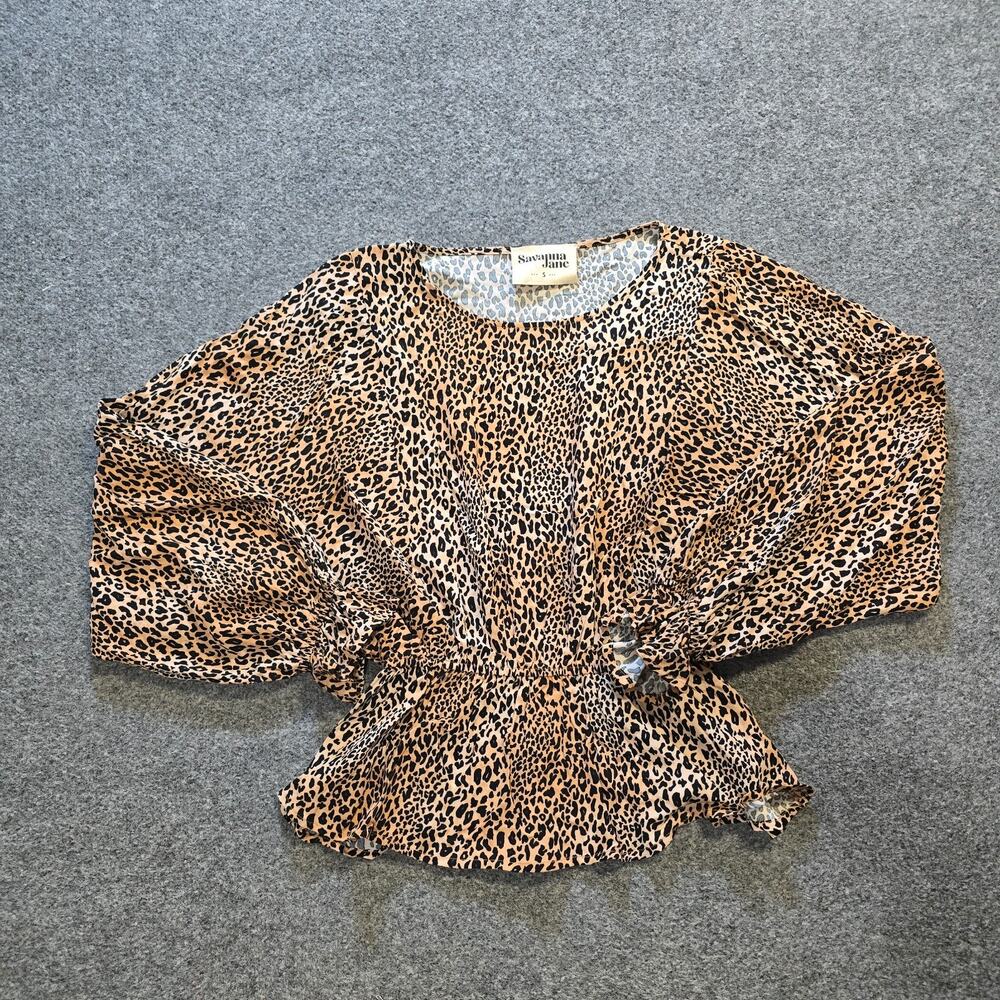 Savanna Jane Top Womens Size Small Brown Leopard Print Peplum Long Sleeve Casual
